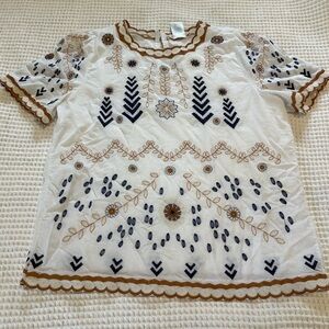 Main Strip White, Blue and Brown/Mustard Embroidered Blouse